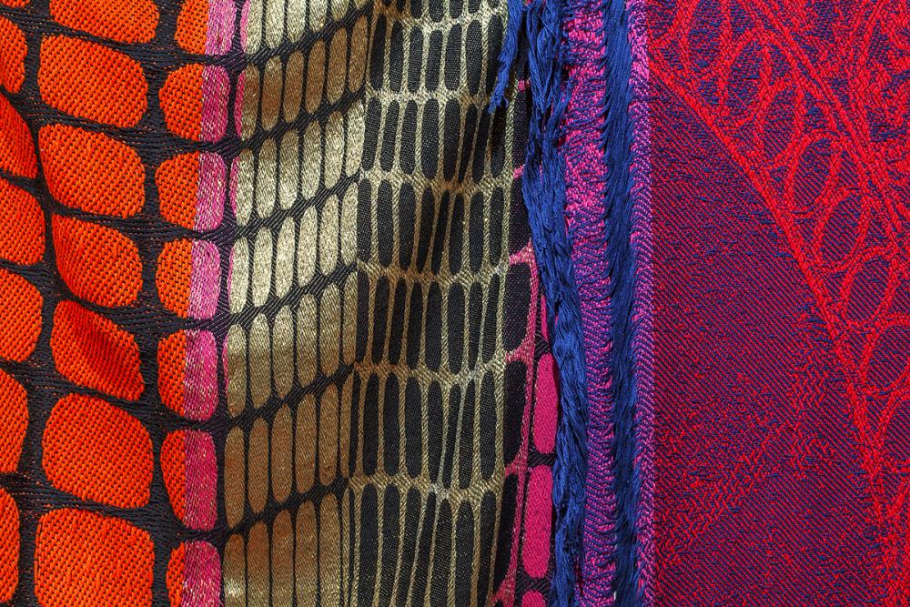 Glitters is Gold Fencing, detail, 2022. Cotton, metal, and silk yarn, hand woven on Thread Controller 2 (TC2) digital Jacquard loom and macramé, 40” x 150”. 