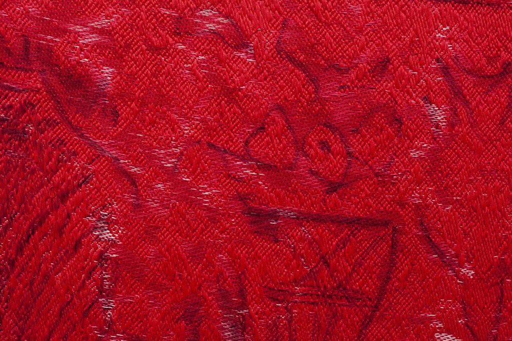 Cornucopia Graffito, detail, 2021. Sharpie on cotton yarn, hand woven on Thread Controller 2 (TC2) digital Jacquard loom with rope twisted fringe, 40” x 90”. 