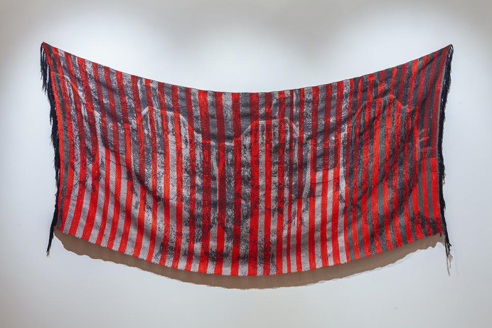 Balcony Mirage, 2021. Chemically and naturally dyed cotton and linen yarn, hand woven on Thread Controller 2 (TC2) digital Jacquard loom, 40” x 90”. 