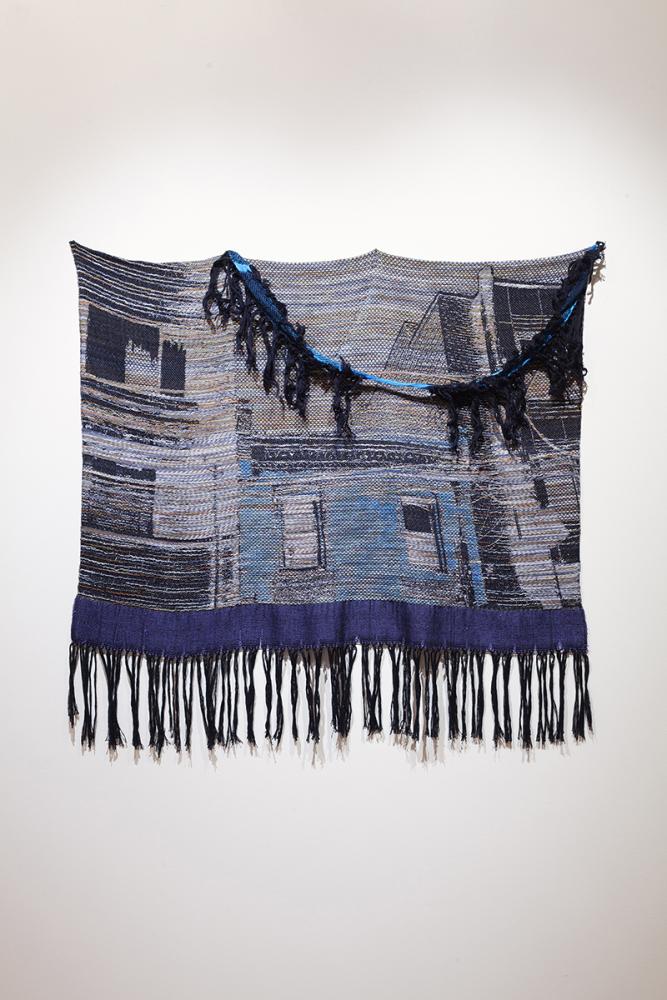 Property Entanglement, 2022. Cotton and silk yarn watercolor painted and chemically dyed, hand woven on Thread Controller 2 (TC2) digital Jacquard loom, 50” x 40”. 