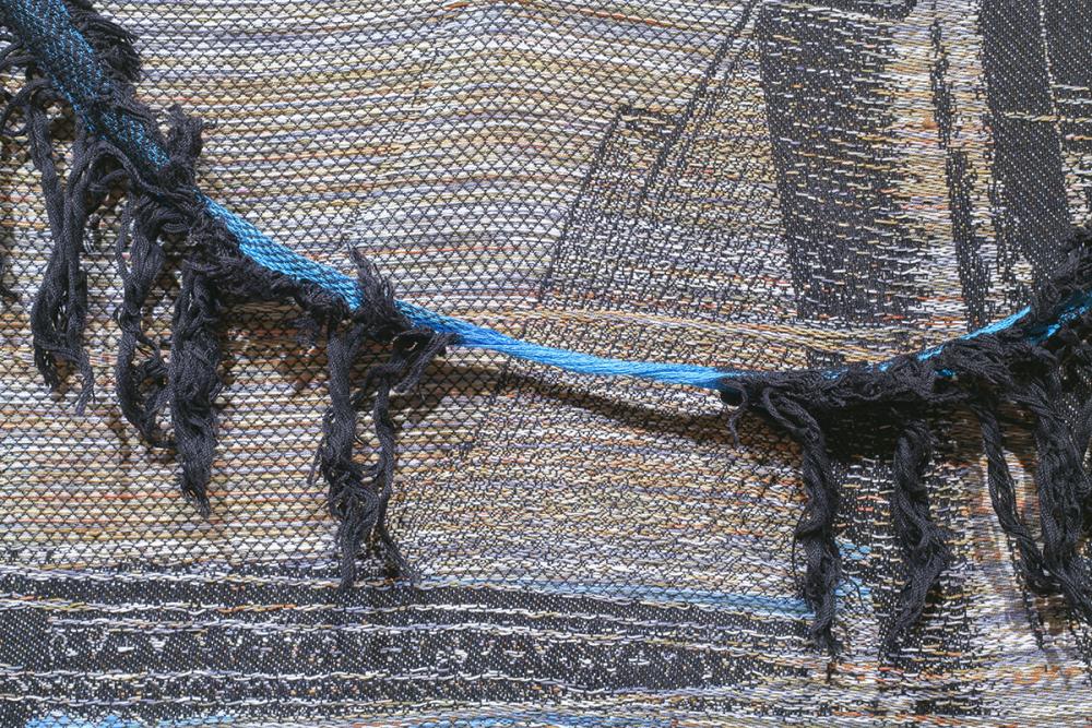 Property Entanglement, detail, 2022. Cotton and silk yarn watercolor painted and chemically dyed, hand woven on Thread Controller 2 (TC2) digital Jacquard loom, 50” x 40”. 
