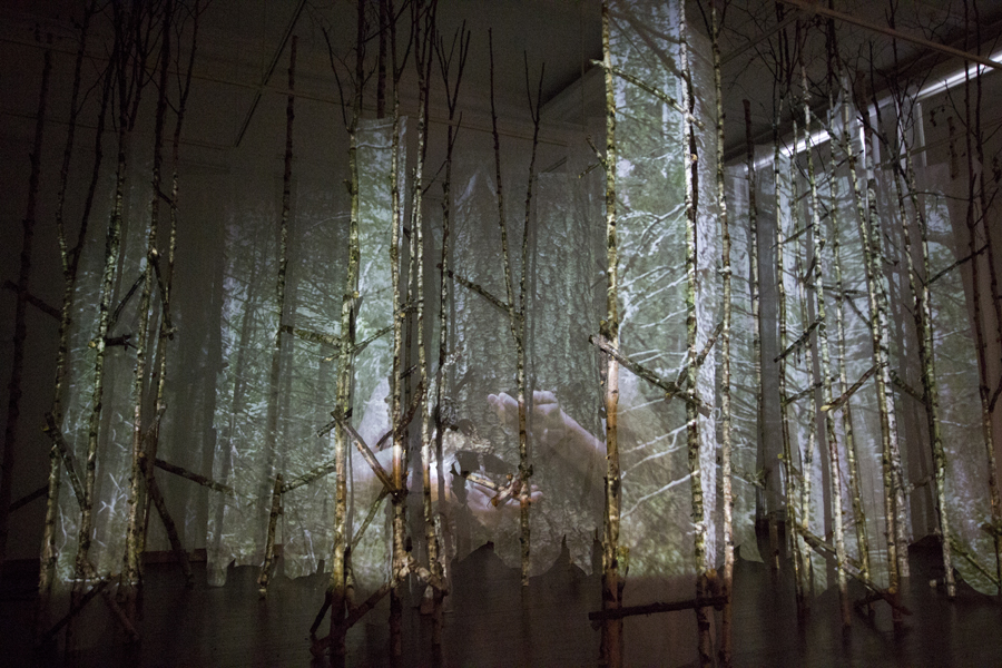 “Mettä vuoti kuivat kuuset” (From the dried-out fir leaked honey). Video installation and performance series, 2012. Ahjo Art Center, Joensuu, Finland. Photo: Pekka Pankakoski