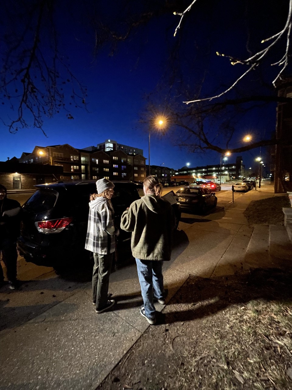 Film makers outside, night