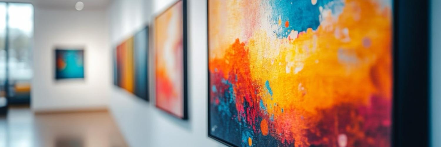 A photo of a gallery with painting 