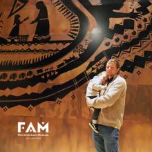 Indigenous Brilliance" by Joseph Erb (Cherokee) tells the story of First American people. Silhouetted figures depict our past, present, and future. The design, inspired by his son, leaves a lasting impression. 