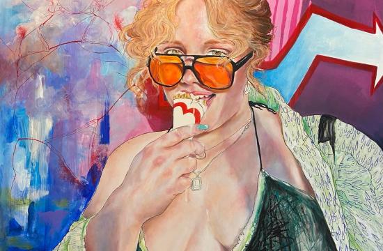 Painting by Tobi Coffee featuring a woman in a green bikini top eating ice cream.