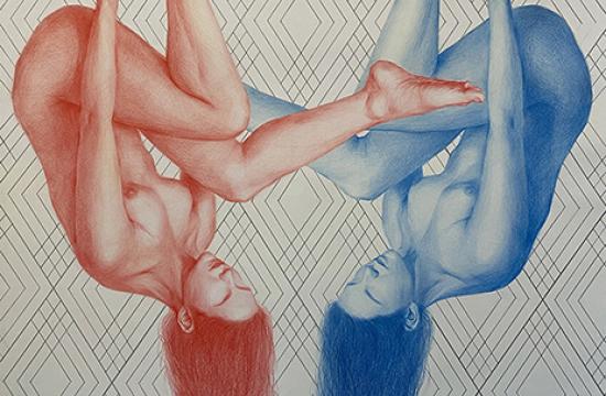 Graphic wall paper - two hanging female bodies, one in red, one in clue